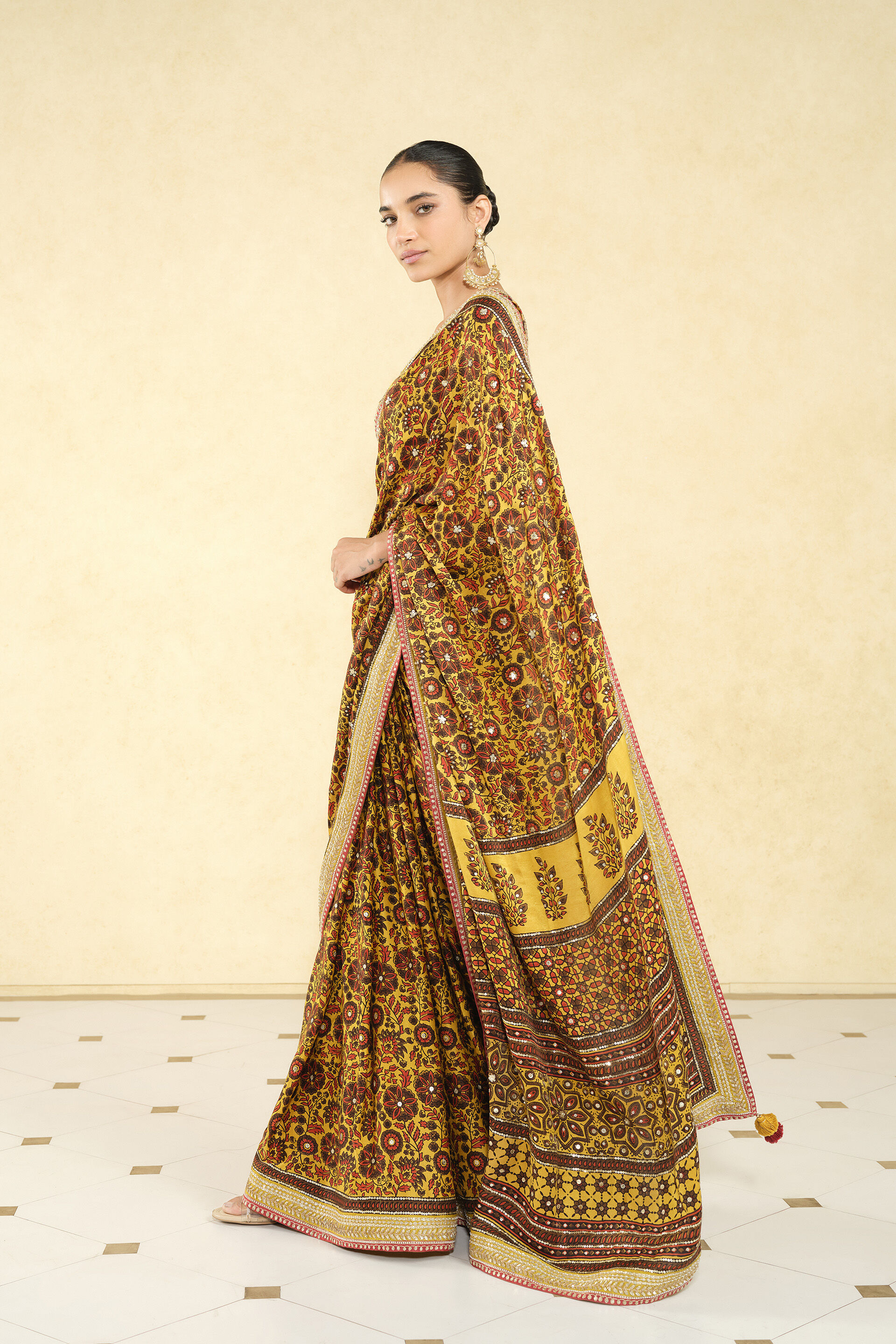 Kasano Ajrakh Hand-block Printed Silk Saree - Mustard, Mustard, image 5